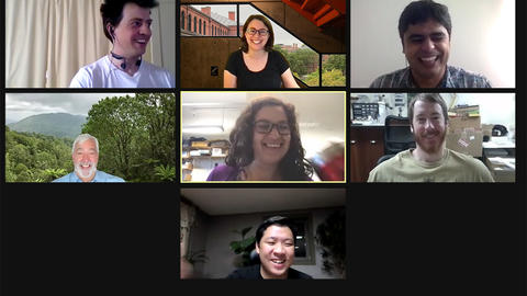 7 lab members in Zoom meeting, smiling