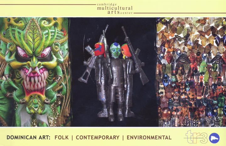 Exhibit postcard from Cambridge Multicultural Arts Center for TRE/tr3 exhibit, colorful images of 3 artworks in middle